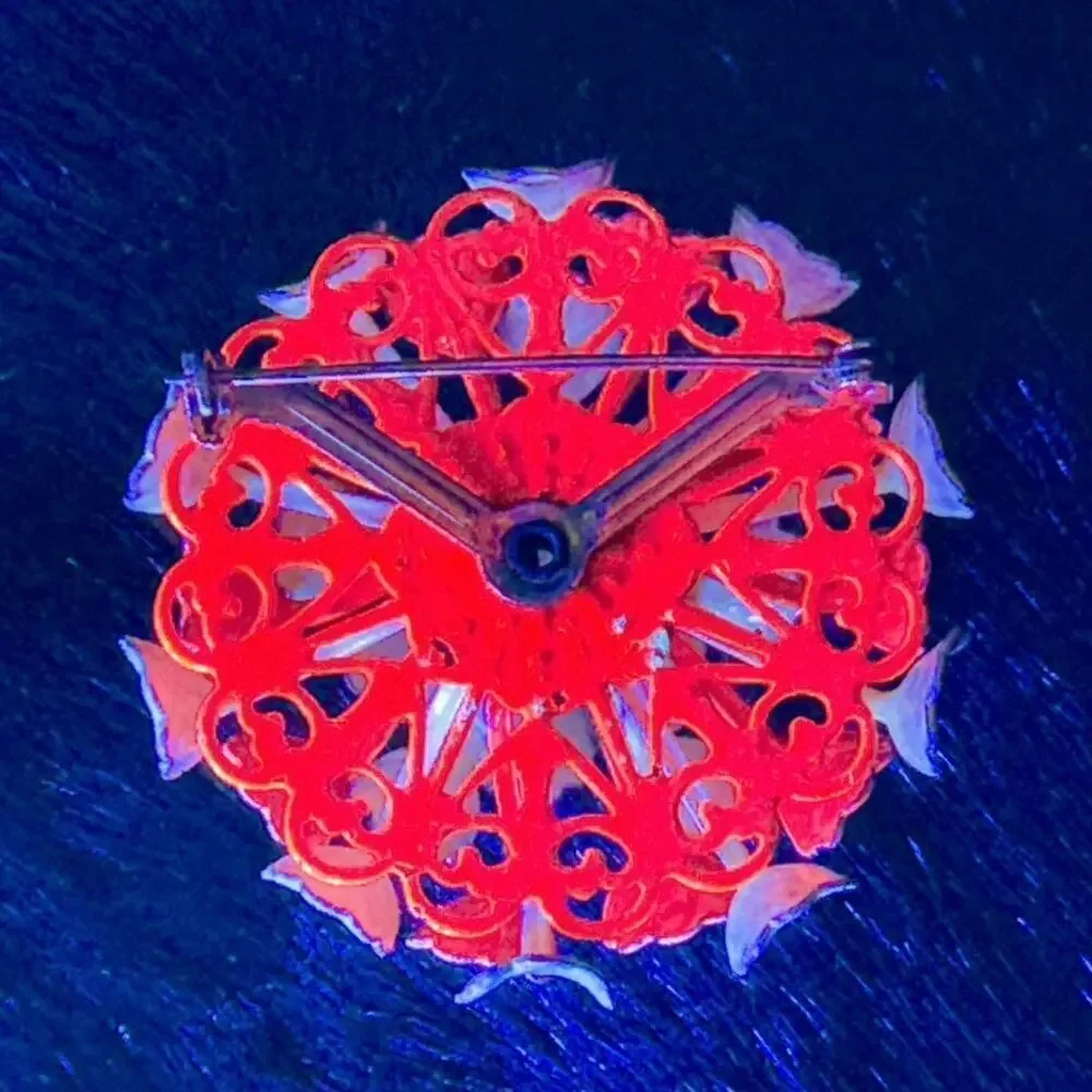 Glows Under Blacklight Brooch Vintage 1970s Mod Enamel Orange Cream Flower